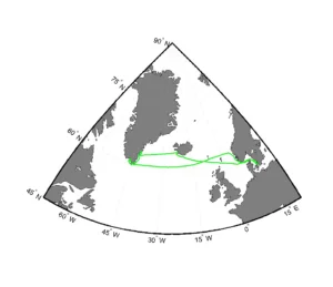 The route of the trip, plotted using linear interpolation of the measured GPS positions. (Credit M. Winther)