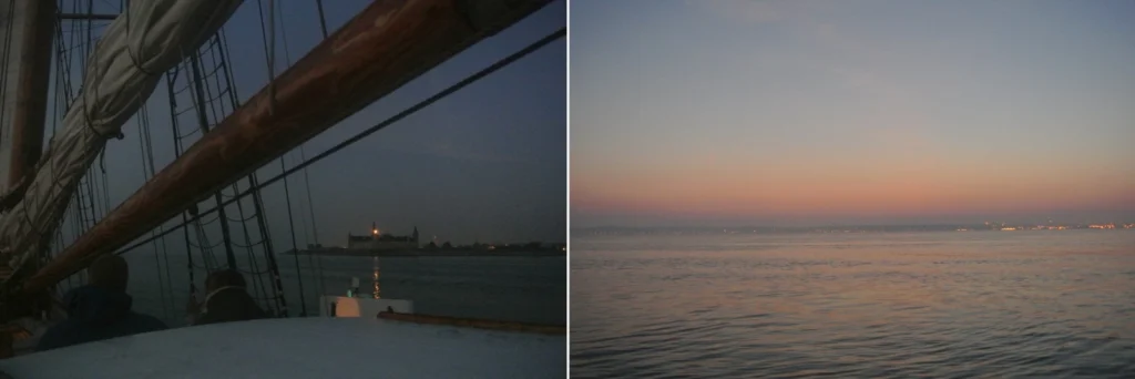 Left: The view of Kronborg as seen from the Captains view. (Credit M. Winther). Right: Sun rise as sailing in the North-sea. (Credit M. Winther)