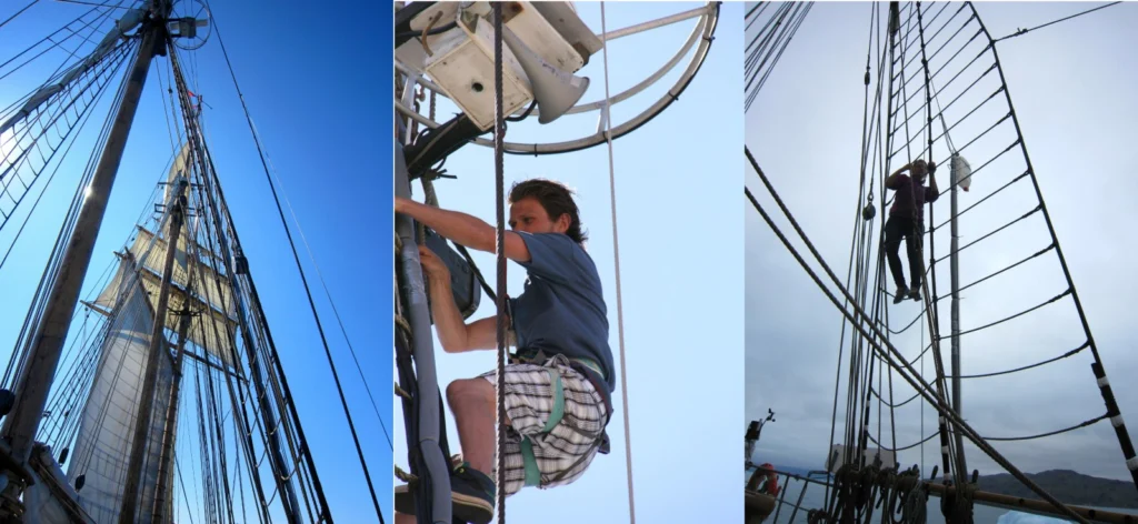 Left: The mizzen mast with the top inlet just above the navigation systems. Center: The "arm" with the second inlet attached. Right: Installation/reparation of the top inlet required harness ect. (Credit A.-K. Faber and M. Winther)