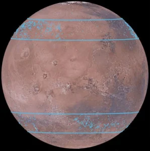More than 10,000 water ice bodies (blue dots) have been found between 30 and 50 degrees (blue lines). Credit: Mars Digital Image Model, NASA/J. Levy/Nanna Karlsson