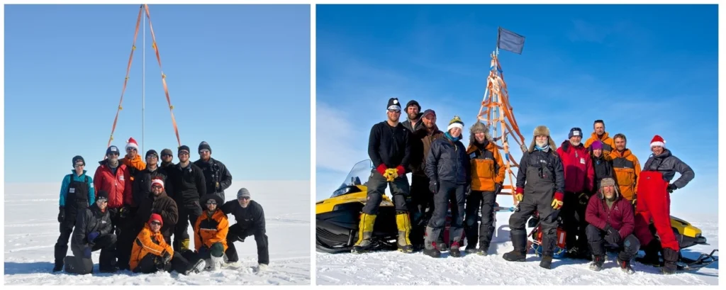Left photo, 2013/14 traverse participants. Left to right, Anna Hogg (Leeds), Rob Bingham (Edinburgh), Andy Smith (BAS), Damon Davies (Edinburgh), Johnny Yates (back row, BAS), Tim Gee (middle, BAS), Jan De Rydt (front, BAS), Steph Cornford (Bristol), James Wake (BAS), Peter Lambert (Reading), Thomas Flament (front, Leeds), David Vaughan (BAS) (credit: David Vaughan). Right photo, 2014/15 traverse participants. Left to Right, James Wake (BAS), Mark Baird (BAS), Tim Gee (BAS), Emma Smith (BAS), Isabelle Nias (Bristol), Robert Mulvaney (BAS), Andy Smith (BAS), Alex Brisbourne (back row, BAS), Rebecca Tuckwell (middle, BAS), Alex Taylor (front, BAS), Sebastian Rosier (BAS), Damon Davies (Edinburgh) (credit: Alex Taylor).