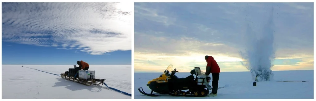 Operating the ice penetrating radar (left) and firing explosives for seismic surveys (right) (credit: Damon Davies).