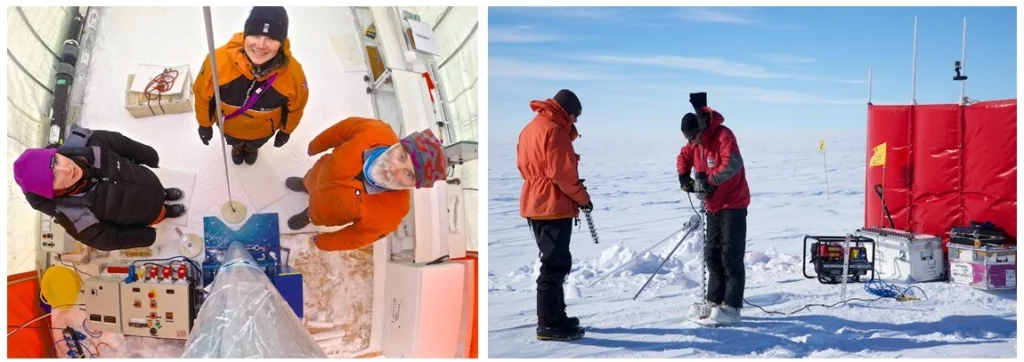 Rob, Becky and Emma inside the ice core drilling tent (left), Damon and Andy working at a Neutron Probe site (right) (credit: Alex Taylor).
