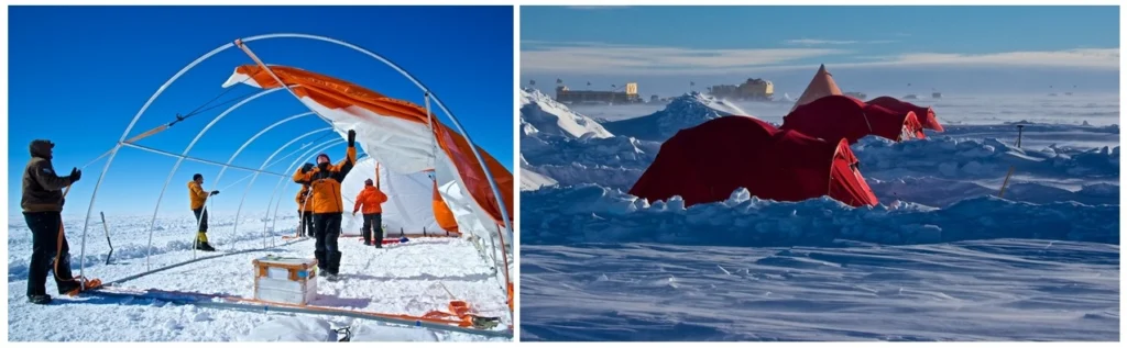 Setting up the drilling tent (left). iSTAR accommodation (right) (credit: Alex Taylor).