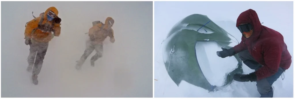 iSTAR team members battling a storm (left) (credit: Alex Taylor). Tent damage after a big storm (right) (credit: Damon Davies).