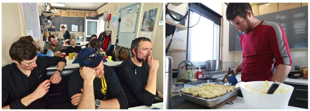 Dinner-time in the caboose (left) (credit: Alex Taylor). James finishing off a cottage pie with a blow torch (right) (credit: Damon Davies).