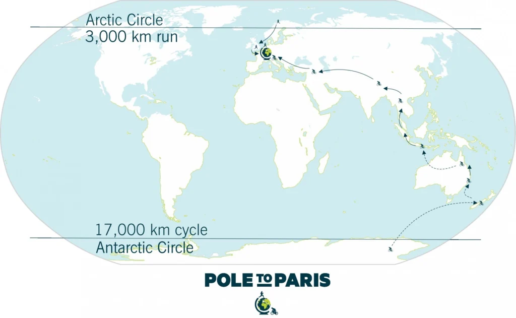 Map roughly showing the route of the 17,000 km-long Southern Cycle and 3000 km-long Northern Run