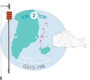 The ice2ice cruise logo, where the red dots indicate the more than 30 sites of coring marine sediments under the ice2ice cruise. Photo credit: Amandine Tisserand
