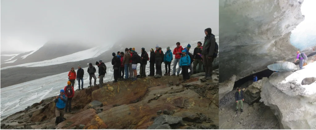 Excursion to the Hochjochferner Glacier (left). Getting a closer look of the glacier (right). (Credit : I. Nias)