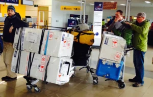 Ice cores waiting for check-in at Punta Arenas airport. We wouldn't see them again until we landed in Sydney. (Credit: H. Millman)