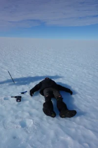 Chris Turney at the end of the 1.6 km transect. (Credit: H. Millman)