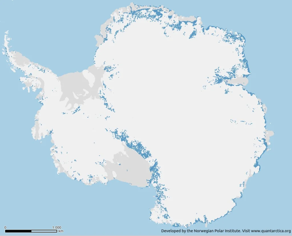Map of Antarctica showing the ice sheet (grey), ice shelves (dark grey) and known blue ice areas in blue. Credit: Quantarctica, Norwegian Polar Institute.