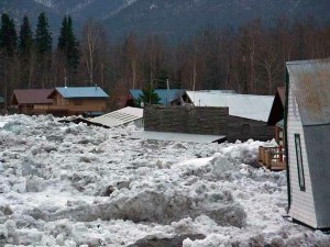 Ice and floodwater inundate a town in Alaska because an ice jam formed downstream (credit: U.S. National Park Service on Wikimedia Commons)