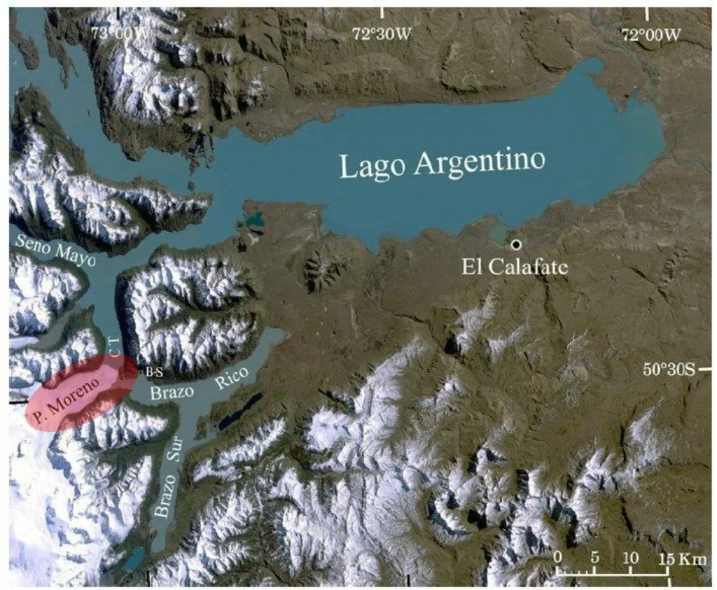 Figure 2: Landsat 5 image (Mar. 21, 2001) showing Glacier Perito Moreno (red) and the surrounding area. Adapted from Naruse and Skvarca, 2012 .