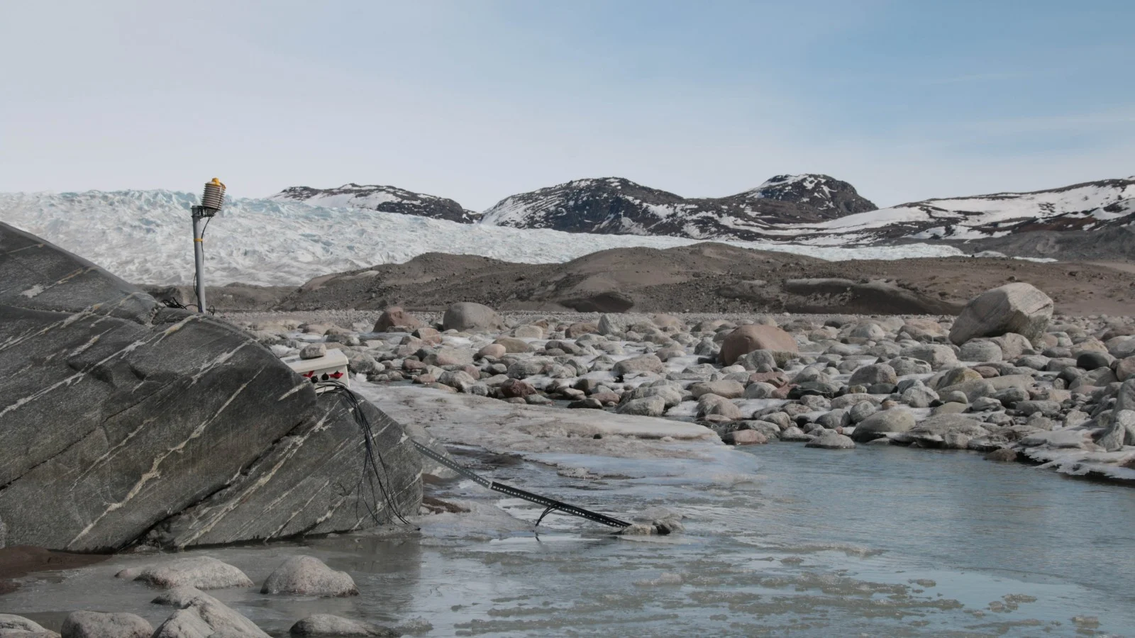 Figure 3: Semi-permanent sensor monitoring water temperature, depth, sediment concentrations and the amount of dissolved solids in glacial meltwaters from Leverett Glacier, Greenland (credit: Jon Hawkings).