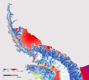 Ice Sheet velocity across the Antarctic peninsula derived from Sentinel 1 data from December 2014 to March 2016. Image Credit ESA and ENVEO: http://www.esa.int/spaceinimages/Images/2016/05/Antarctic_Peninsula_ice_flow