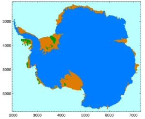 Figure 3: Antarctic map of ice sheet (blue), ice shelves (orange) and islands/ice rises (green) based on satellite data (ICESat and MODIS). The grounding line is the separation between the ice sheet and the ice shelves. Units on X and Y axes are km (source: NASA ).
