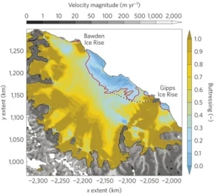 Figure 5: Buttressing provided by Larsen C ice shelf, Antarctic Peninsula, based on a model simulation (Elmer/Ice). Buttressing values range between 0 (no buttressing) and 1 (high buttressing). The red contour shows the buttressing=0.3 isoline. Observed ice velocity is also shown (source: Fig. 2 of Fürst et al., 2016 ).