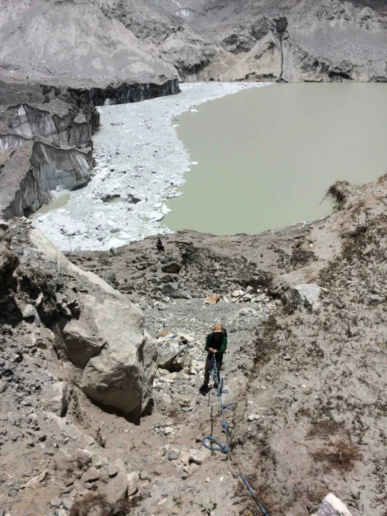 Arduous descent onto the glacier [Credit: D. Rounce]