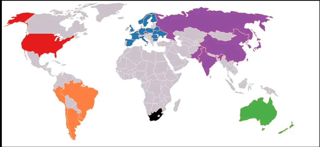 Countries with at least one research station in Antarctica, the colors correspond to the colors of the Antarctic stations in the map above [Credit: adapted by Sophie Berger from Wikimedia Commons LINK: https://en.wikipedia.org/wiki/File:Antarctican_bases.png] 