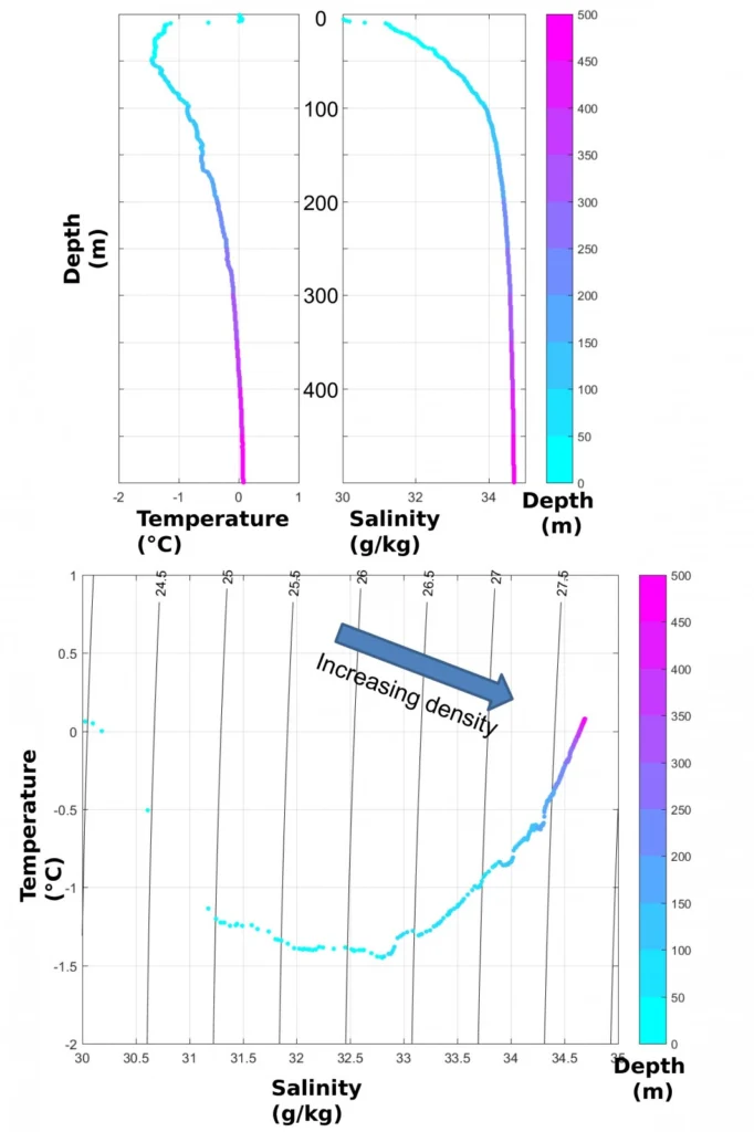 Fig 4 - an example of how to combine several profiles (top) into a T-S diagram, for one of the randomly selected Arctic historical points that I work with.[Credit: C. Heuzé]