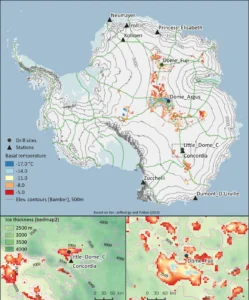Figure 2. Potential locations of cold bed (basal temperatures 2000 m), slow motion (horizontal flow speeds <2m/yr) The colour bar represents the basal temperature. The two insets focus on Dome C and Dome F, two areas highly likely to store million year old ice. [Credit: Brice Van Lieffering, updated from Van Liefferinge, B. and Pattyn, 2013]