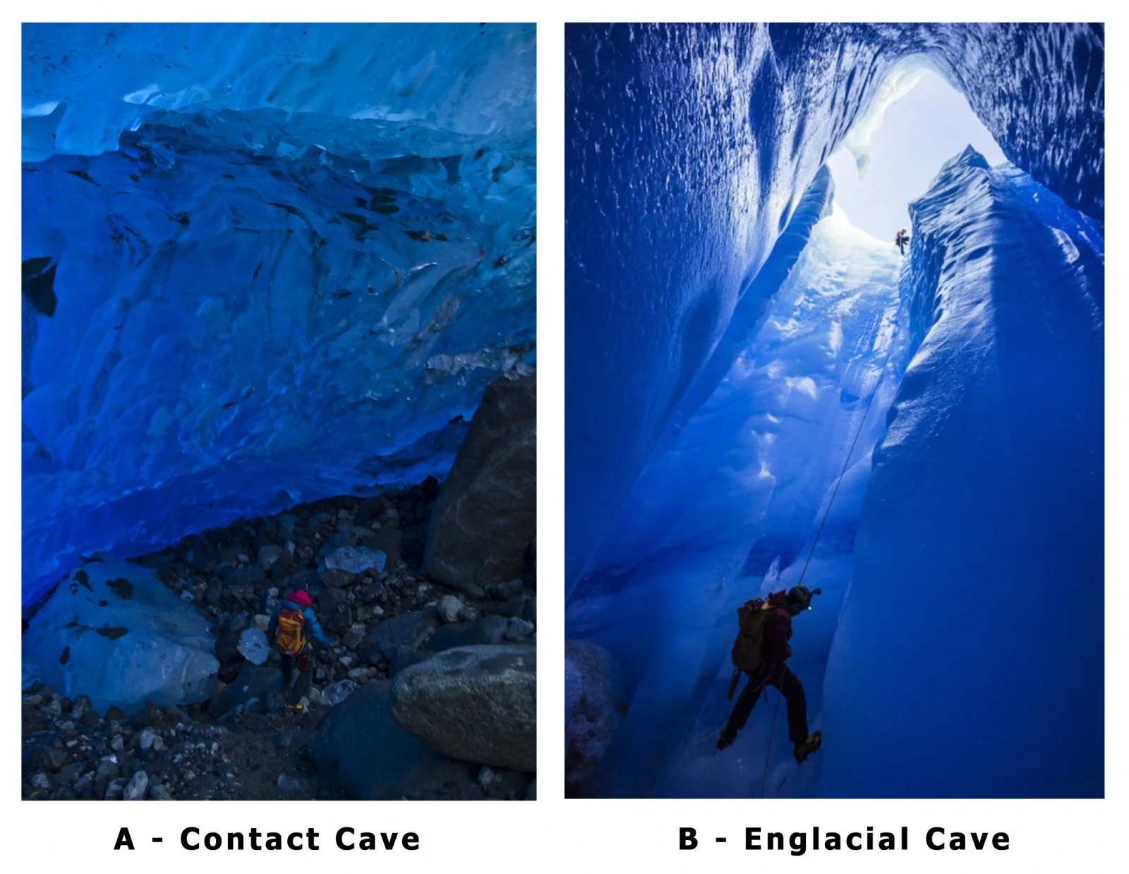 Figure 2: Two different types of caves explored on the Grey Glacier. A- Contact formed between the glacier bed and overlying ice [Credit: Tommaso Santagata]. B- Entrance to an englacial cave [Credit: Alessio Romeo/La Venta]. 