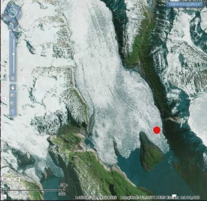 Figure 3: Map of Grey Glacier with survey site of 2004 and 2016 indicated by red dot [Adapted from: Instituto Geografico Militar de Chile ] 