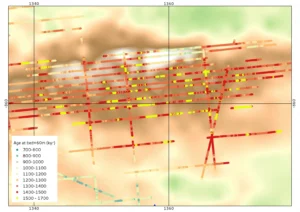 Figure 4. More precise analysis of the Dome C Oldest Ice target, with the lines representing the Oldest Ice A airborne survey collected in winter 2015/16 (Young et al., in review). The colours represent the modelled age of the ice 60 meters above the bedrock, in thousands of years. We can see that this whole region has a lot of potential for recovering million year old ice. [Credit: Olivier Passalacqua]