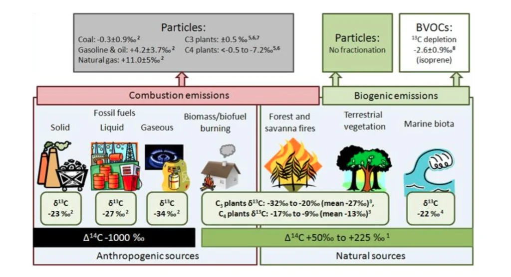 Figure 5/ Carbon isotopic signatures of different BC sources, summarized by E.N. Kirillova (2013). 