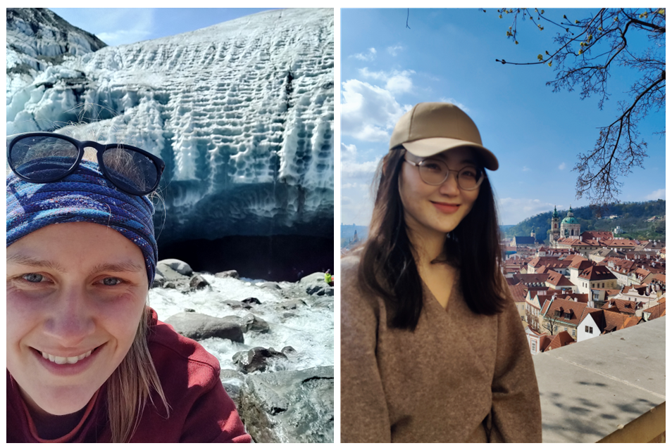 A women on the left in front of a glacier face and a women on the right on front of a city landscape.