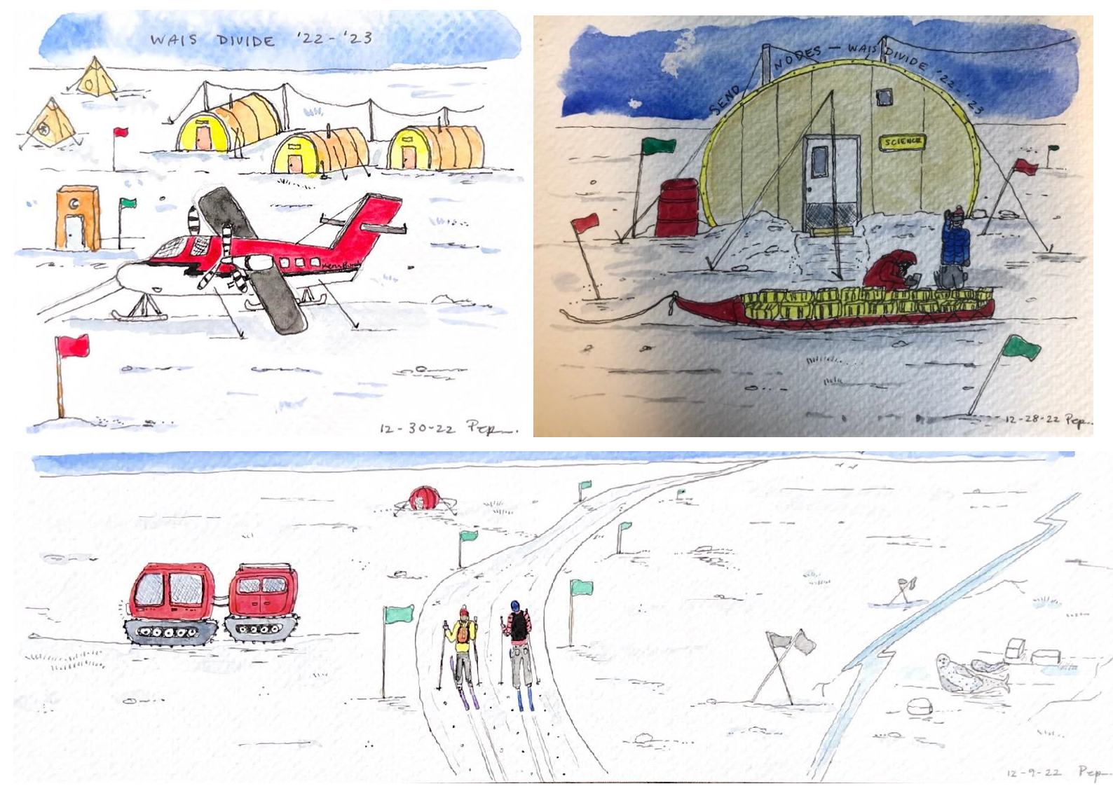 The comics of an airplane and tents on the ice and research moving on skis.