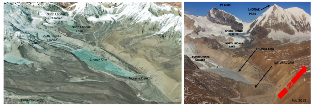 Two photos of a glacial lake, on the left in 2022 and on the right in 2013, visually smaller.