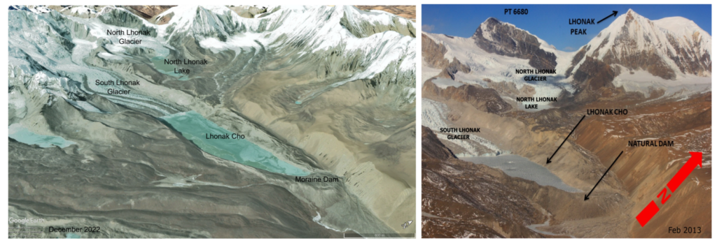 Two photos of a glacial lake, on the left in 2022 and on the right in 2013, visually smaller.