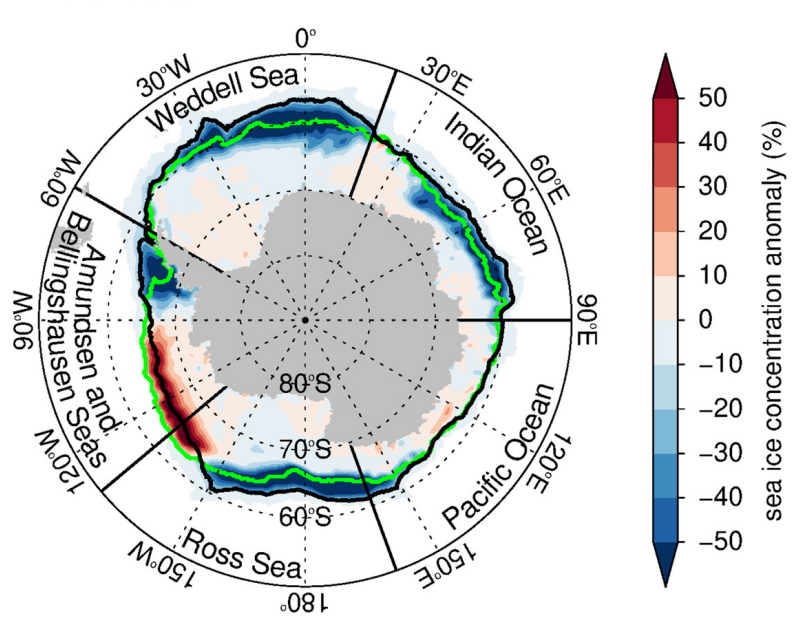 A map of the south pole, depicting all of the antarctica surrounding sea ice. most of it is blue, which marks total loss of sea ice extent, only the Amundsen Sea in the West of Antarctica is red, which means gains.