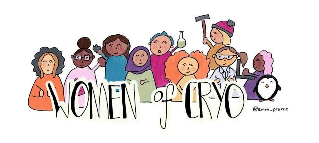 a drawing of women doing different scientific activities, with the words 'women of cryo' written