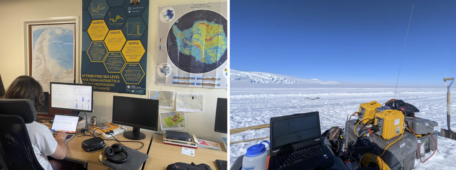 Left: The view from Alex's desk as he runs models on glaciers and how they change. Right: The view from a field glaciologists desk as they collect geophysical data on the Ross Ice Shelf. 
