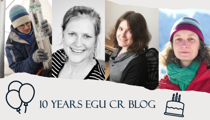 Collage of four people with the heading "10 years EGU CR blog" with balloons and a birthday cake.