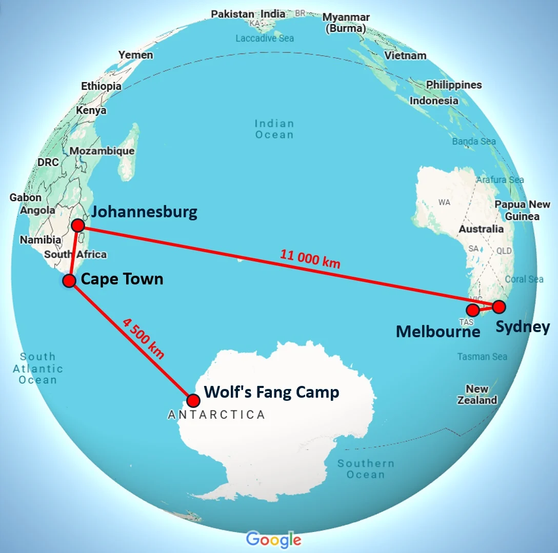 Map of the world showing a red line for the route taken from Australian, to South Africa to Antarctica.