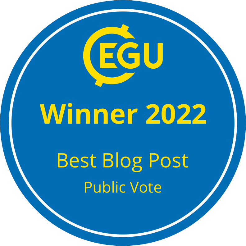 Blue circle with EGU logo and text "winner 2022 best blog post public vote" in yellow font.