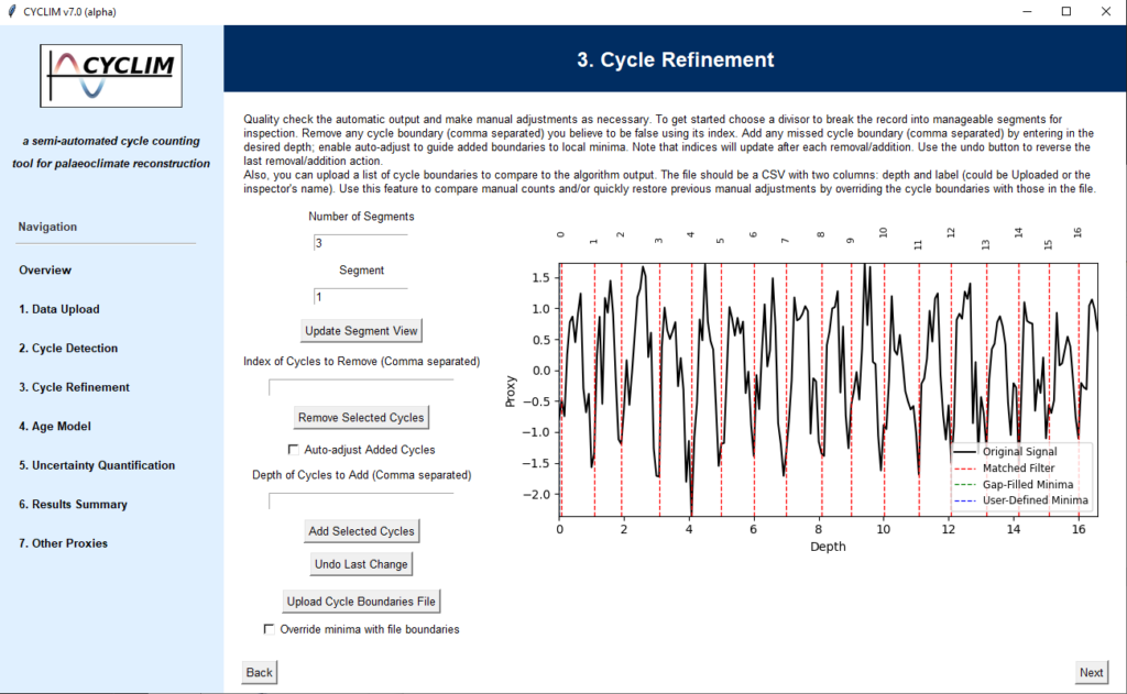 Figure 2: Example frame of the CYCLIM interface. This is the step where the user can inspect and refine the automatic boundaries manually.