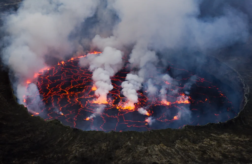 Lava lake and volcanic gases at Nyiragongo Volcano, Democratic Republic of the Congo