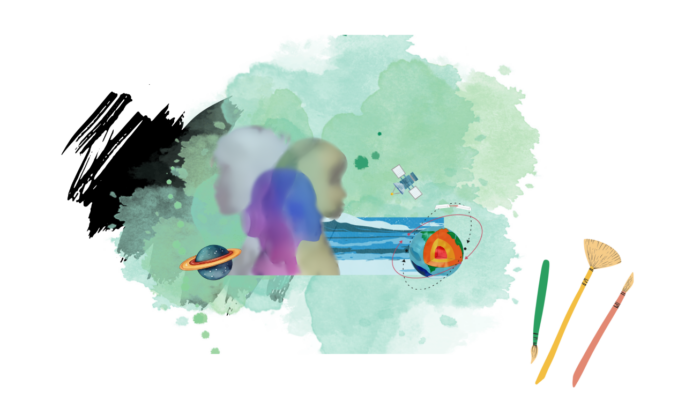 A graphical illustration in watercolour optic with human silhouettes in different colours, and several smaller elements such as an ocean and a satellite.