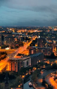 Looking towards the south west of the city from "Cloud 23", the bar on the 23rd floor of the Beetham Tower, Manchester, UK. Image credit: David Dixon