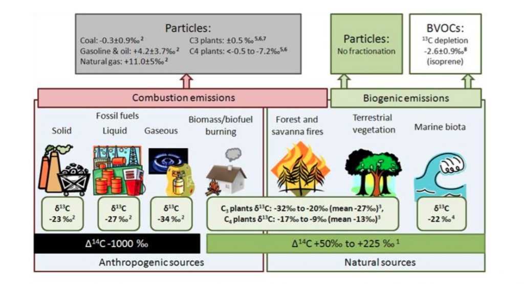 Figure 5/ Carbon isotopic signatures of different BC sources, summarized by E.N. Kirillova (2013). 