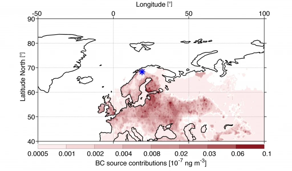 Figure 6: This is an example from the model calculations, showing where the (man-made) BC came from in January 2012. Abisko's position is marked as a blue star. The darker (red) spots show sources of higher BC contribution. This winter example was among the three highest observed (in terms of BC concentration) and the sources were ~50% wood burning, ~20% liquid fossil fuels (diesel) and ~30% coal. Some of the darkest spots can clearly be attributed to European cities.