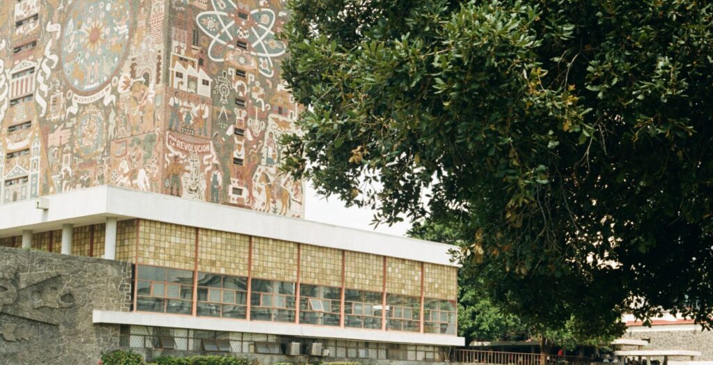 UNAM Campus in Mexico City, showing atomic mode, with tree in the foreground