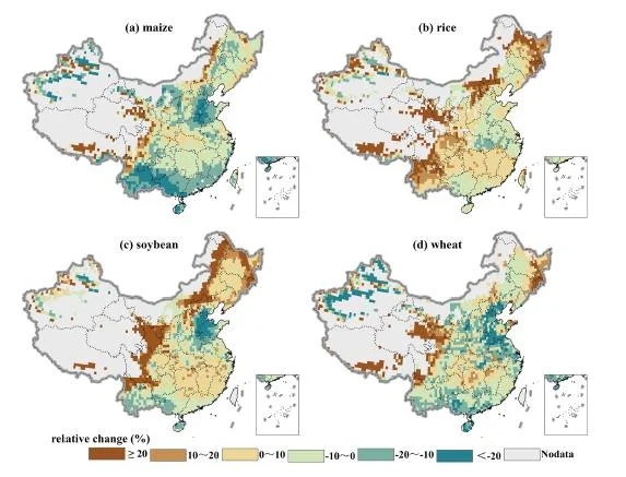 The MM of the relative change in the simulated yield of maize (a), rice (b), soybean (c) and wheat (d) with the CO2 effect at the end of the 21st century (2070–2099) compared with the simulated yield in the historical period (1981–2010).