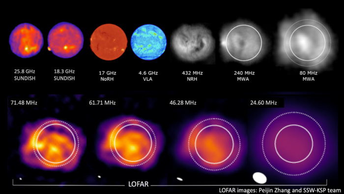 Radio images of the Sun taken by a range of radio observatories at different frequencies.