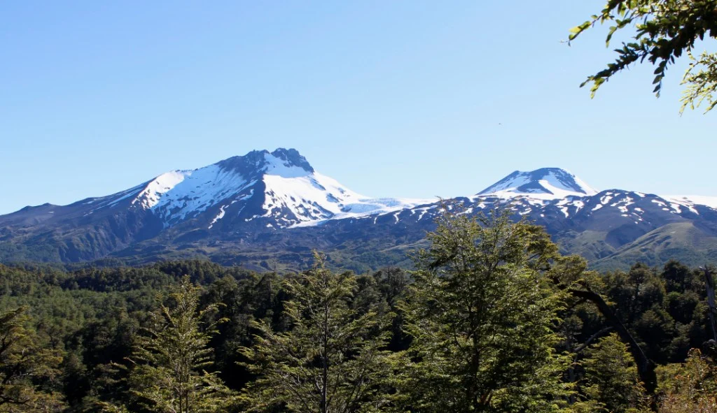Volcan Mocho Choshuenco, Chile. Choshuenco, to the left, is probably no longer active. Mocho, to the right, last erupted in 1864.